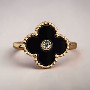 Elegant Black & Gold Stainless Steel Clover Ring - Size 9